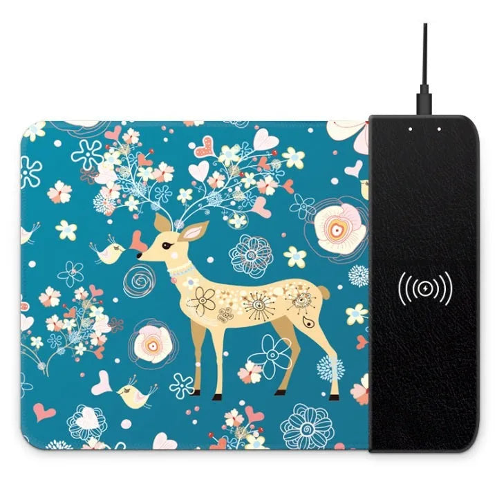 Black wireless charging mouse pad with RGB lighting showing 29.8x21.5cm dimensions and USB cable
