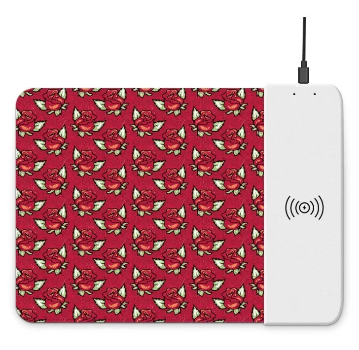 Black wireless charging mouse pad with RGB lighting showing 29.8x21.5cm dimensions and USB cable