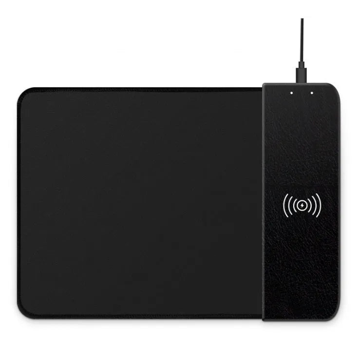 Black wireless charging mouse pad with RGB lighting showing 29.8x21.5cm dimensions and USB cable