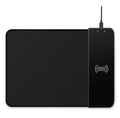 Black wireless charging mouse pad with RGB lighting showing 29.8x21.5cm dimensions and USB cable