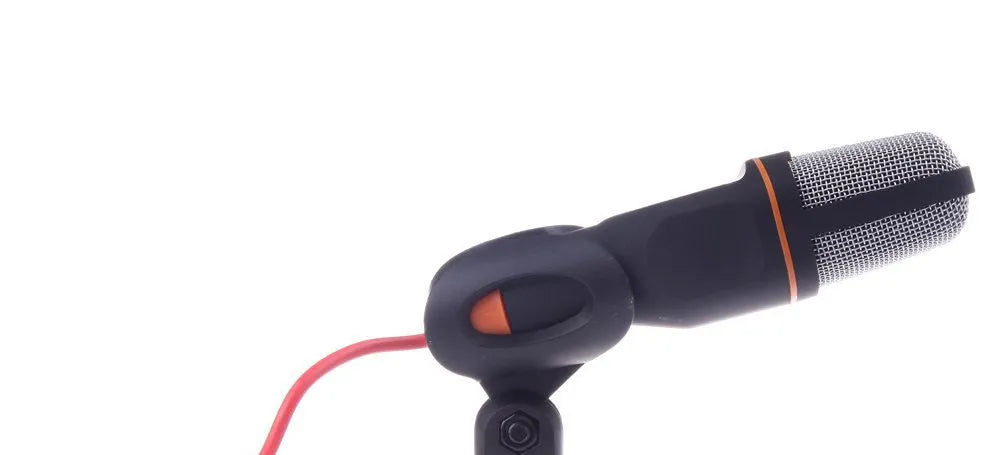 Black wired desktop microphone with a mini phone jack and a silver clip holder on a 1.85m cable.