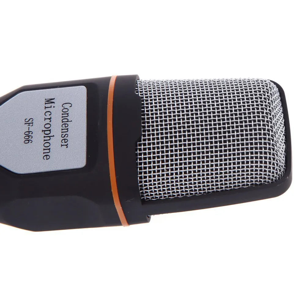 Black wired desktop microphone with a mini phone jack and a silver clip holder on a 1.85m cable.