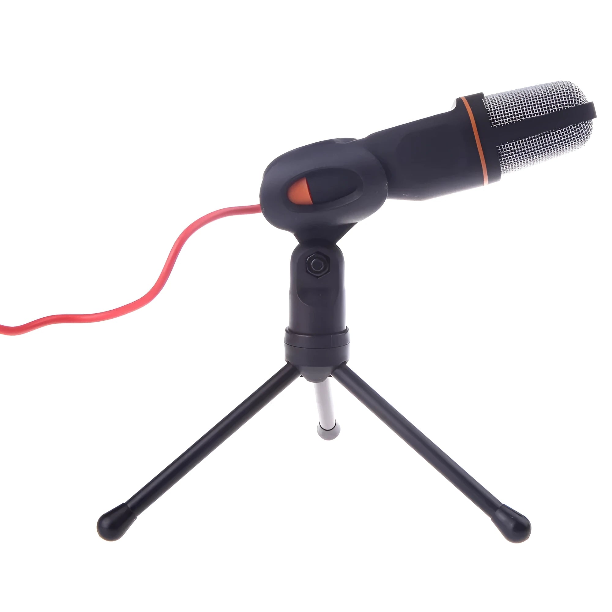 Black wired desktop microphone with a mini phone jack and a silver clip holder on a 1.85m cable.