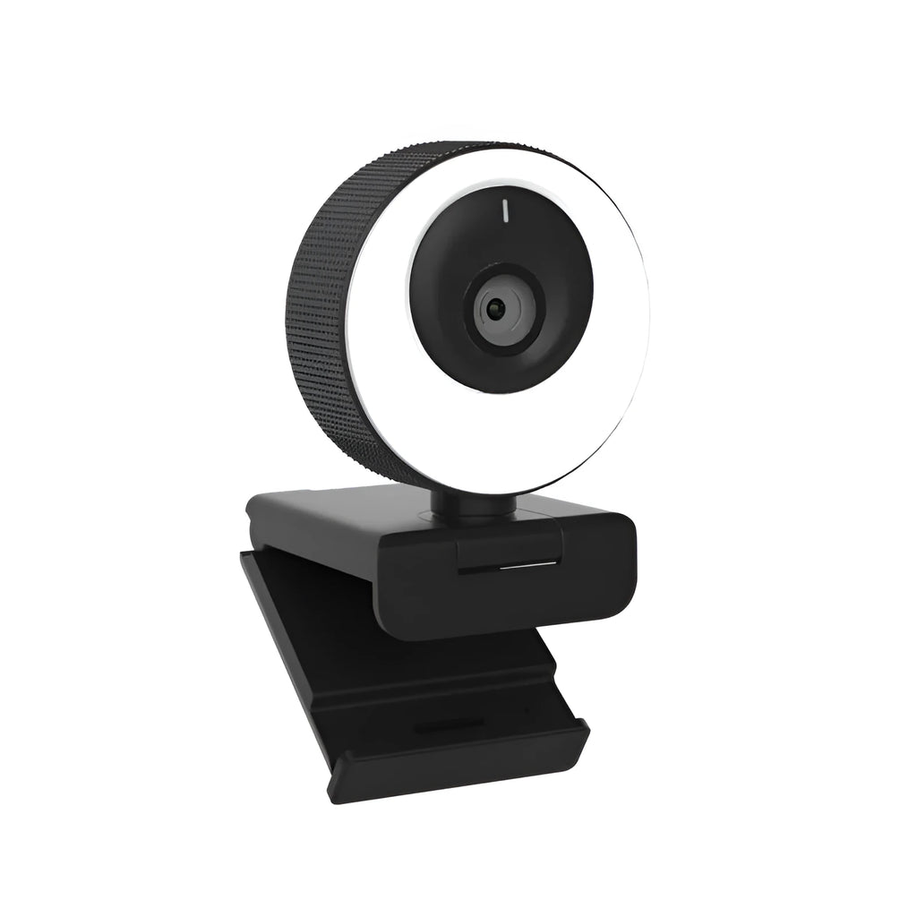 Black Full HD USB webcam with built-in microphone and magnetic privacy cover on a desk.