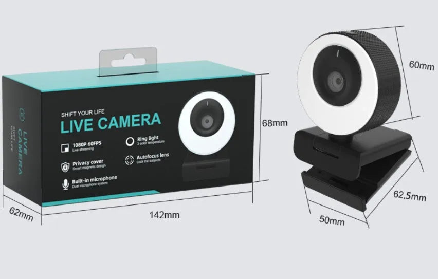 Black Full HD USB webcam with built-in microphone and magnetic privacy cover on a desk.
