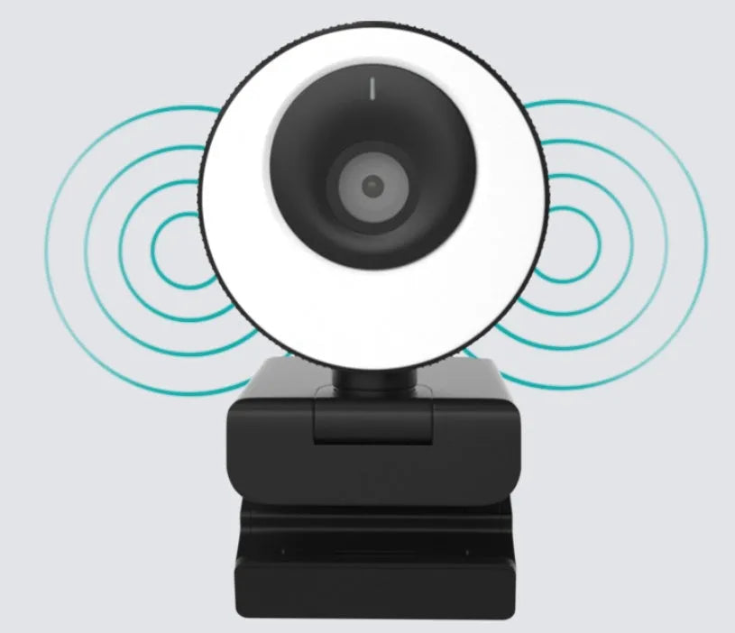 Black Full HD USB webcam with built-in microphone and magnetic privacy cover on a desk.