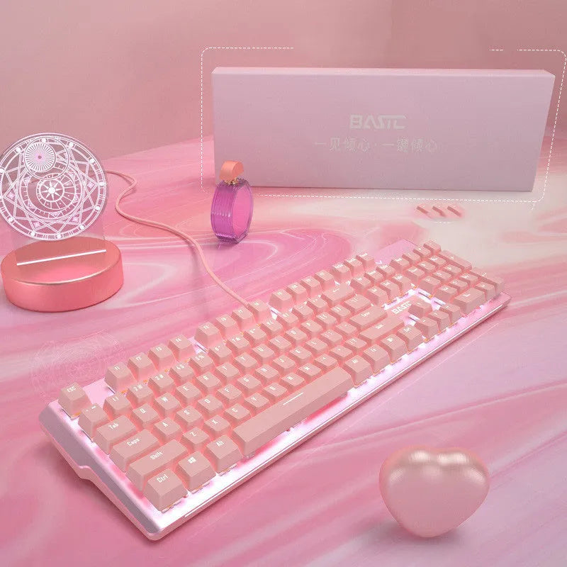 Pink mechanical keyboard and wired gaming mouse set with green switches for e-sports