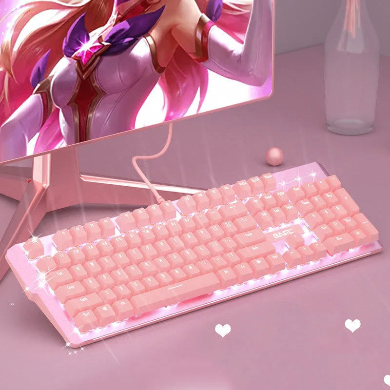 Pink mechanical keyboard and wired gaming mouse set with green switches for e-sports