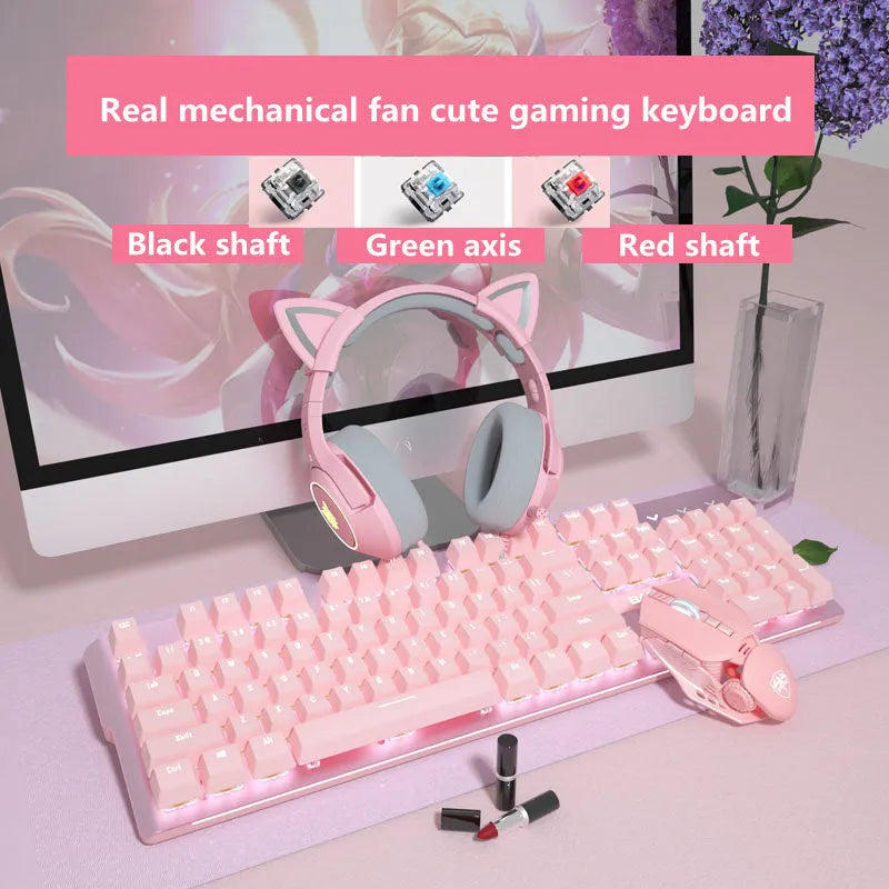 Pink mechanical keyboard and wired gaming mouse set with green switches for e-sports