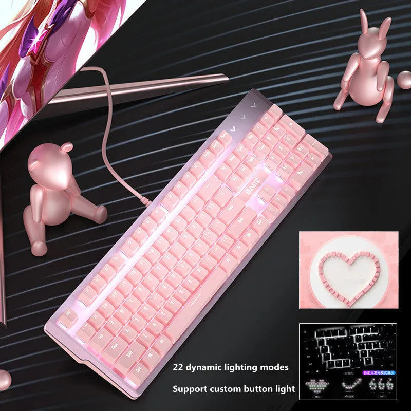 Pink mechanical keyboard and wired gaming mouse set with green switches for e-sports