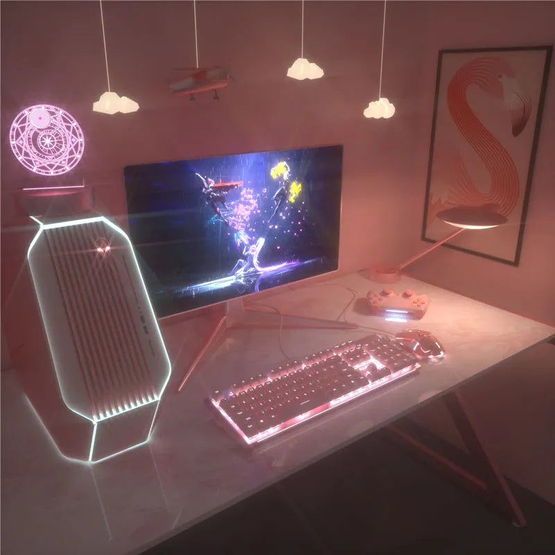 Pink mechanical keyboard and wired gaming mouse set with green switches for e-sports