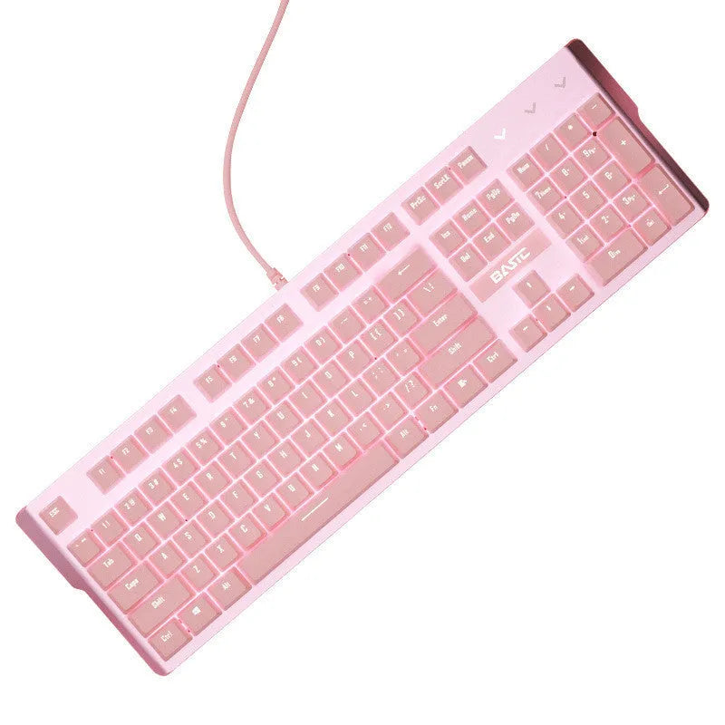 Pink mechanical keyboard and wired gaming mouse set with green switches for e-sports