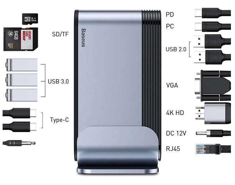 Deep space grey workstation docking station with 16 Type-C hub ports and external power supply