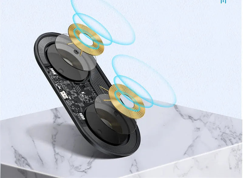 Baseus black wireless charger simultaneously charging iPhone and AirPods with minimalist design