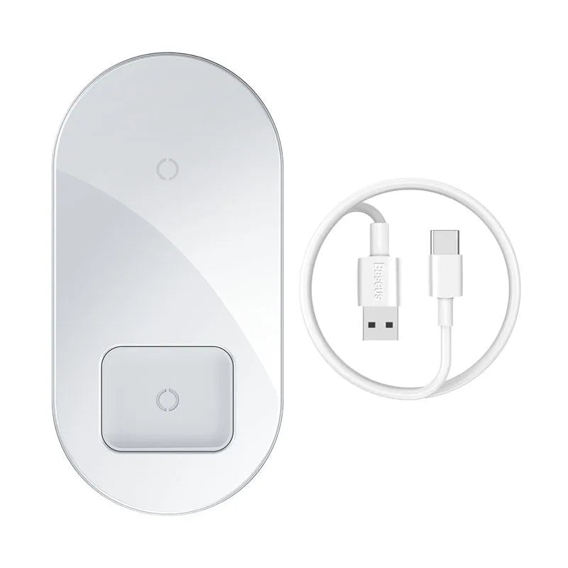 Baseus black wireless charger simultaneously charging iPhone and AirPods with minimalist design