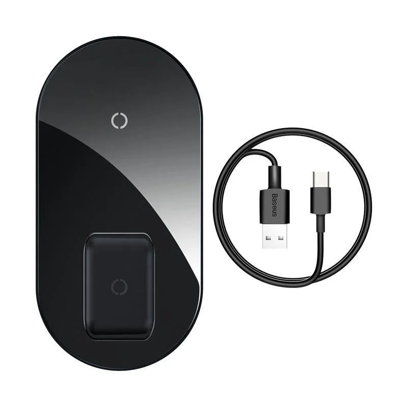 Baseus black wireless charger simultaneously charging iPhone and AirPods with minimalist design