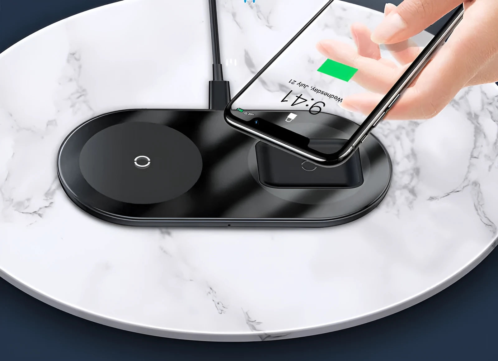 Baseus black wireless charger simultaneously charging iPhone and AirPods with minimalist design