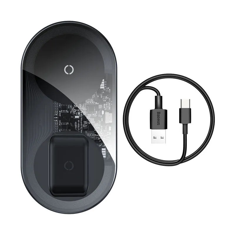 Baseus black wireless charger simultaneously charging iPhone and AirPods with minimalist design