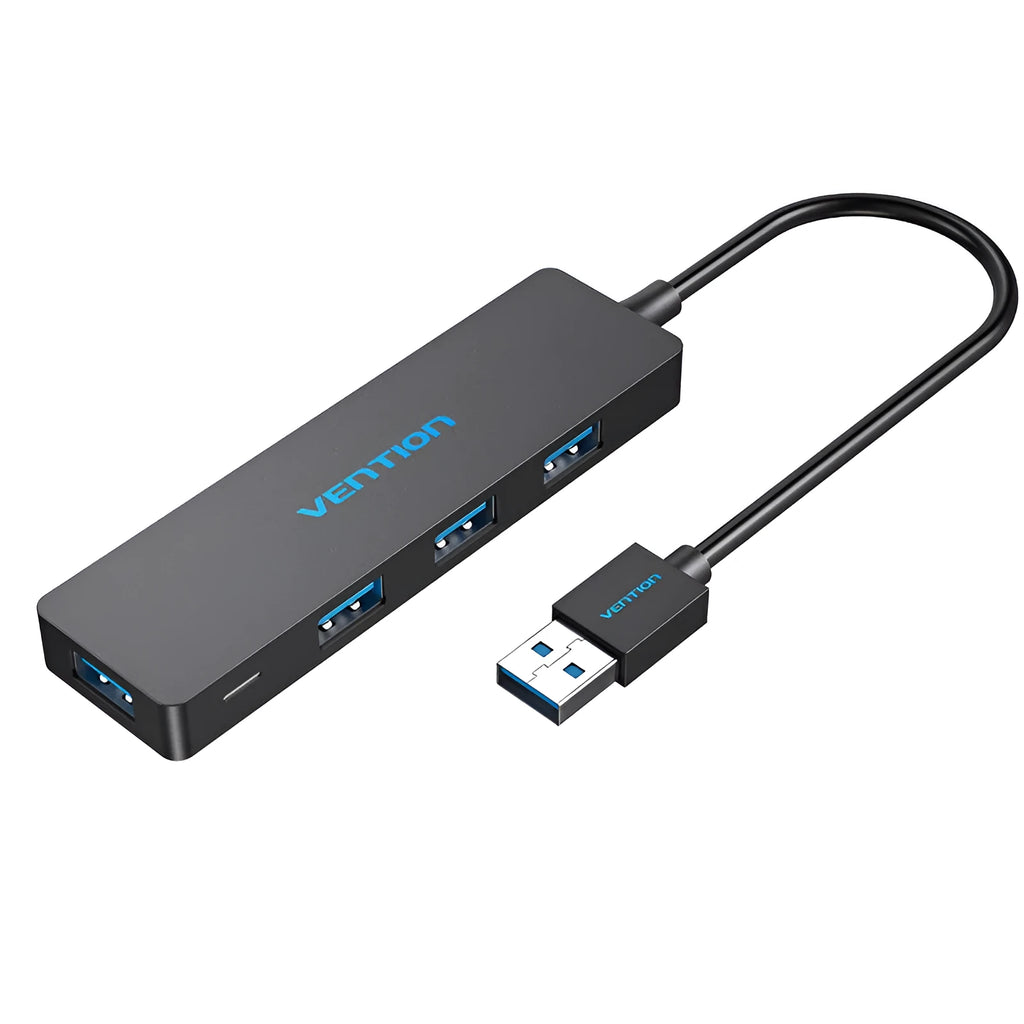 Black four-port USB 3.0 hub expansion device with 0.15 metre cable