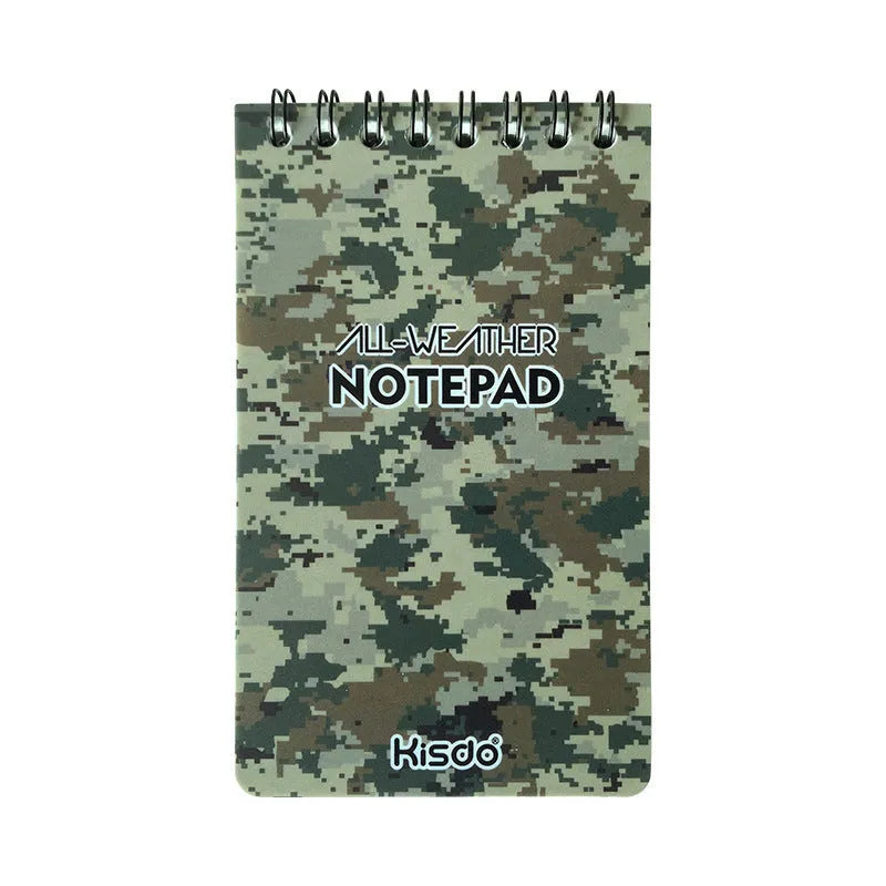 A5 spiral-bound waterproof notebook with stone paper pages and a green camouflage PP cover
