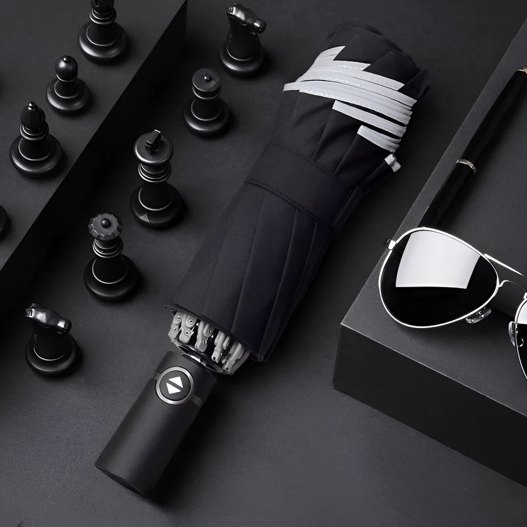 Black full automatic reverse umbrella open, showing 10-bone structure and plastic non-slip handle.