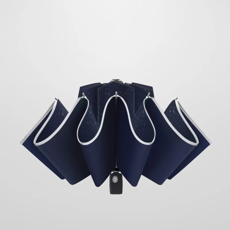 Black full automatic reverse umbrella open, showing 10-bone structure and plastic non-slip handle.