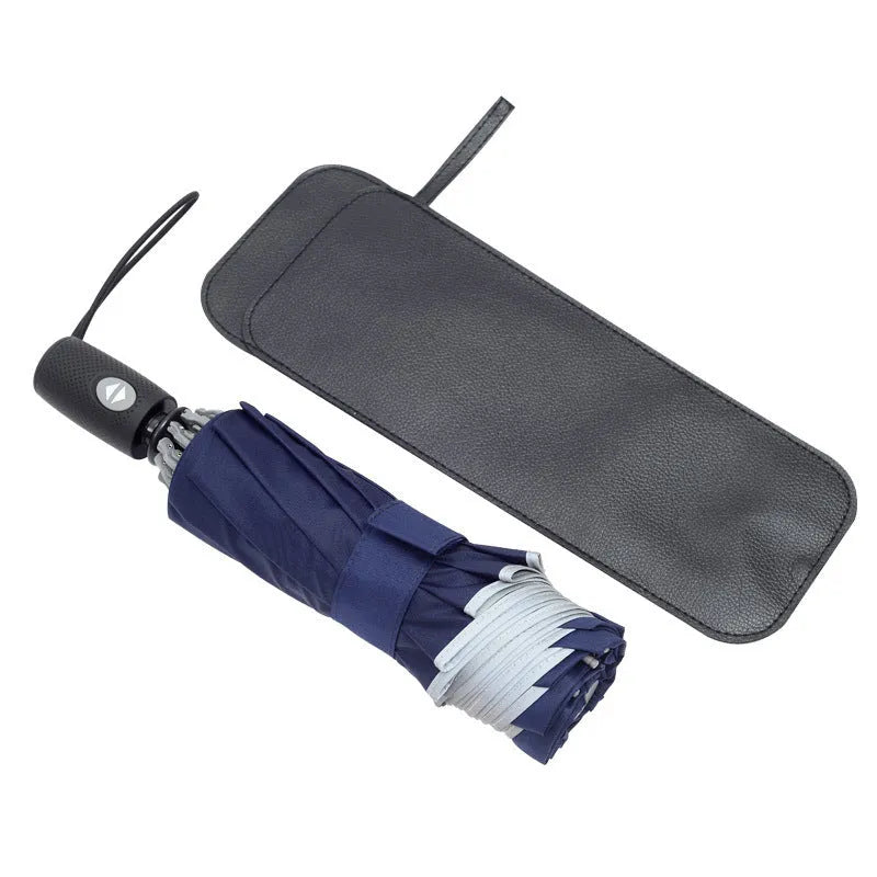 Black full automatic reverse umbrella open, showing 10-bone structure and plastic non-slip handle.