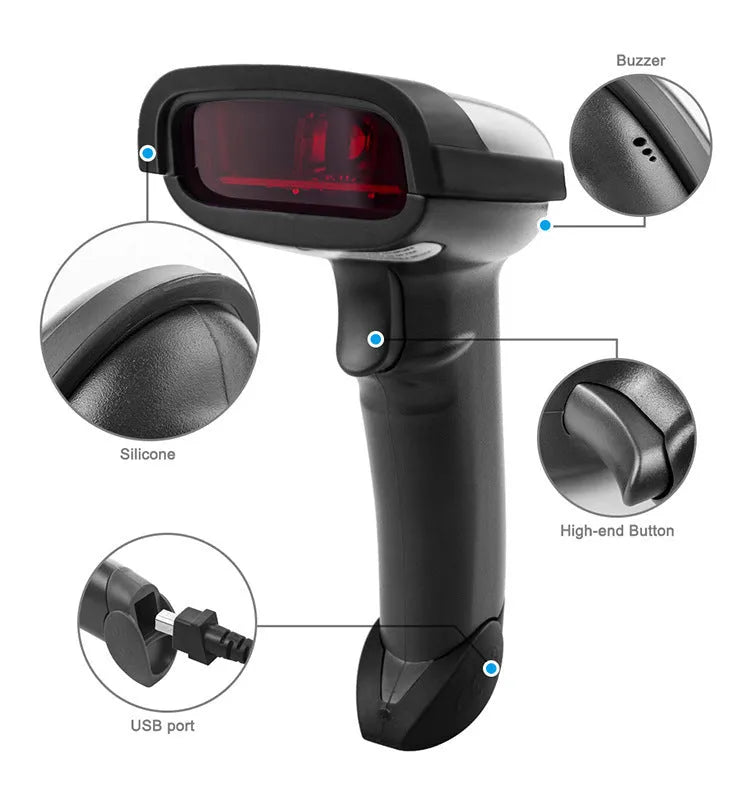 Black wireless handheld laser barcode scanner with USB connectivity