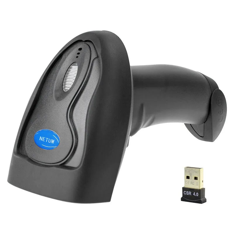 Black wireless handheld laser barcode scanner with USB connectivity