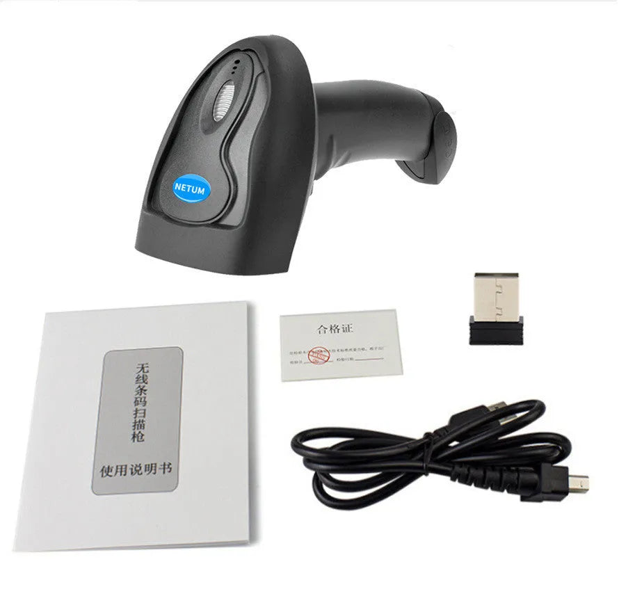 Black wireless handheld laser barcode scanner with USB connectivity