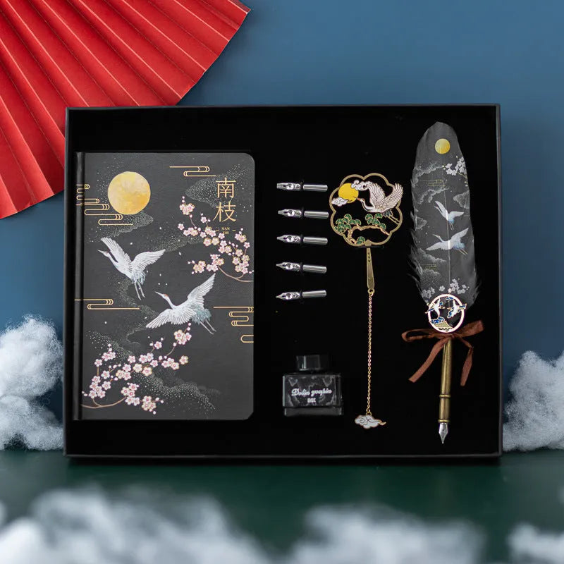 Chinese style feather pen set with metal shell and traditional crane feather design in four colour options