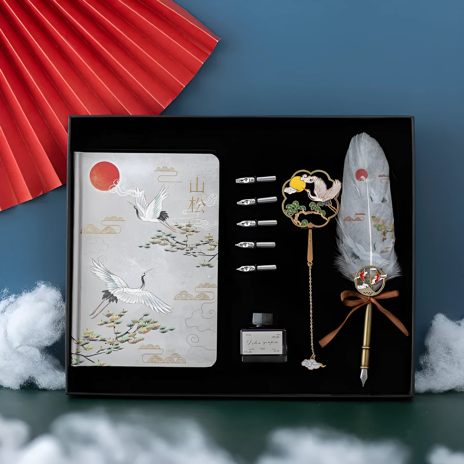 Chinese style feather pen set with metal shell and traditional crane feather design in four colour options