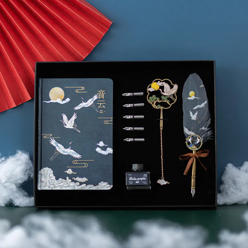 Chinese style feather pen set with metal shell and traditional crane feather design in four colour options