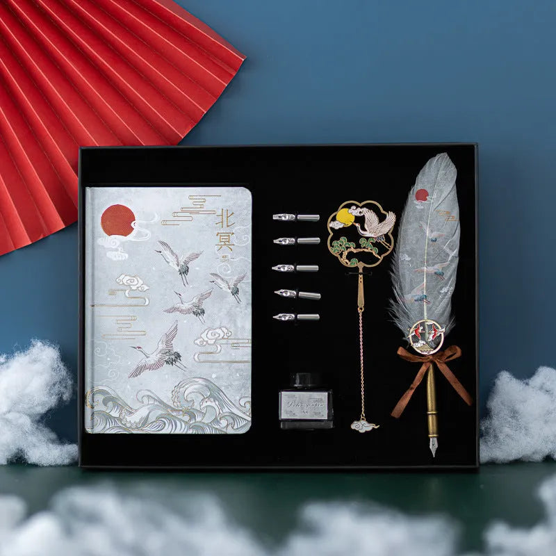 Chinese style feather pen set with metal shell and traditional crane feather design in four colour options