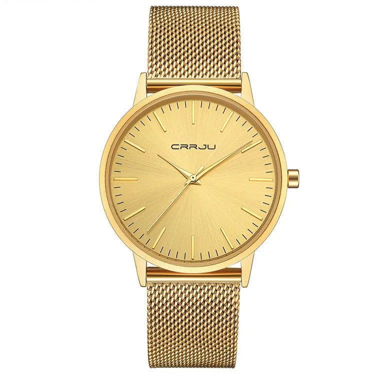 Quartz watch with alloy case and mesh strap showing black face with gold hands