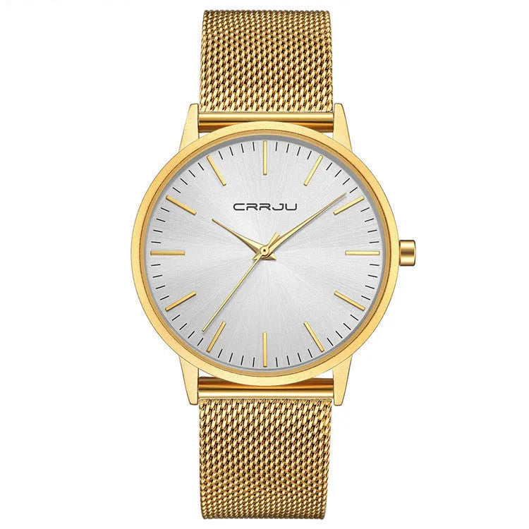 Quartz watch with alloy case and mesh strap showing black face with gold hands