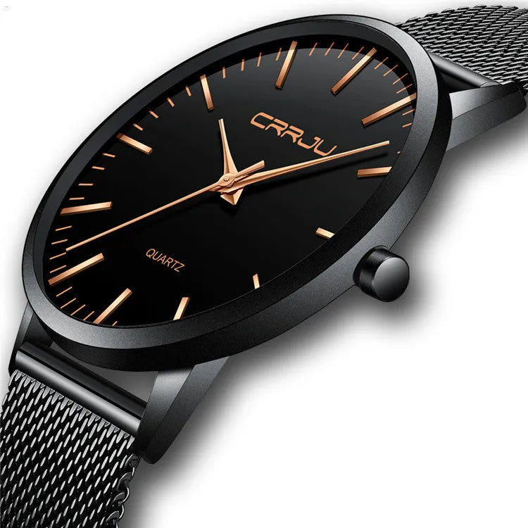 Quartz watch with alloy case and mesh strap showing black face with gold hands