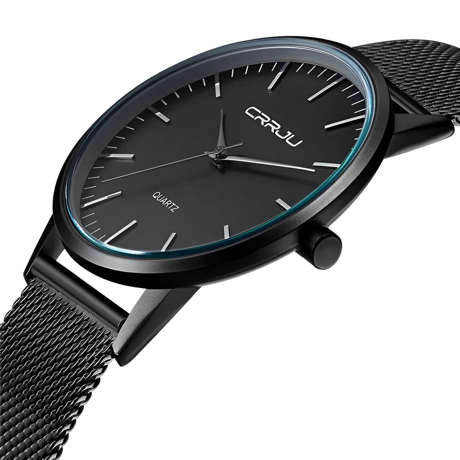 Quartz watch with alloy case and mesh strap showing black face with gold hands