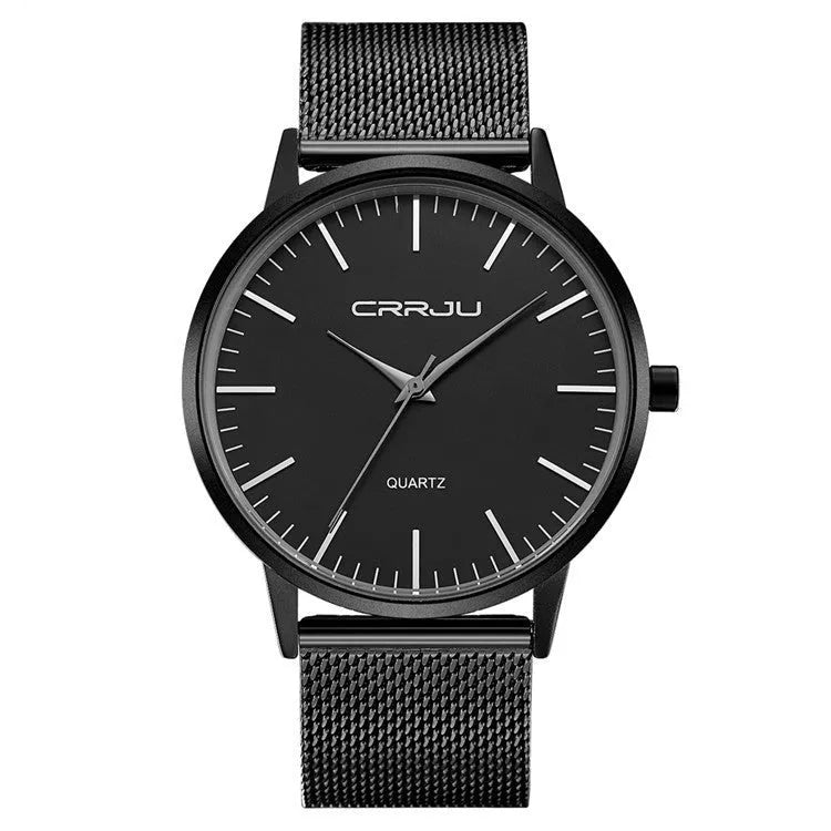 Quartz watch with alloy case and mesh strap showing black face with gold hands