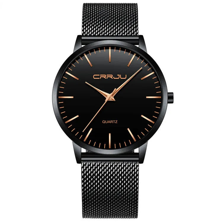 Quartz watch with alloy case and mesh strap showing black face with gold hands