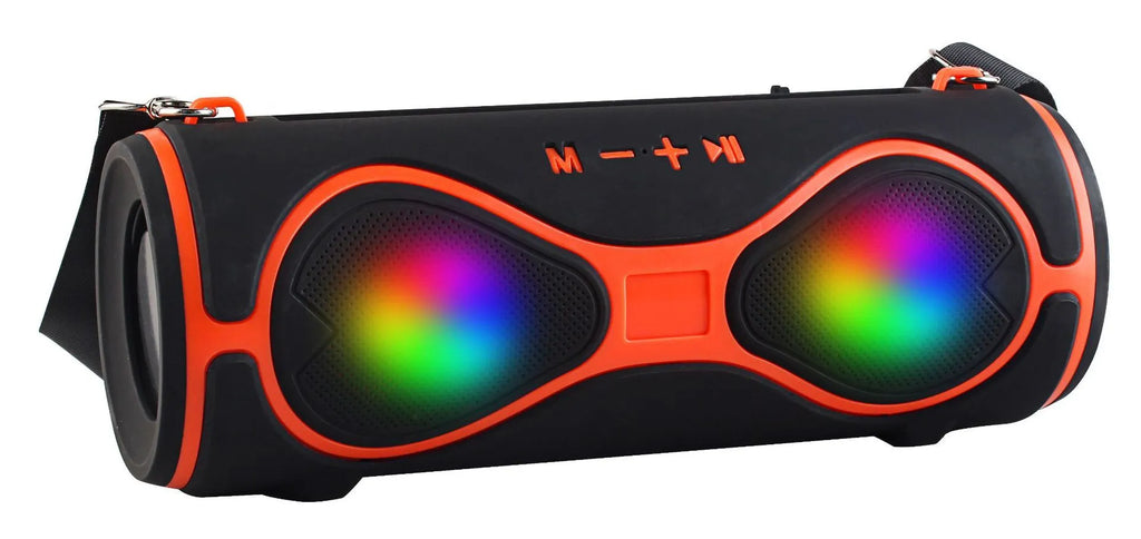 Lantern multifunctional Bluetooth speaker with strap and phone stand in black, blue, orange, red, or silver grey.