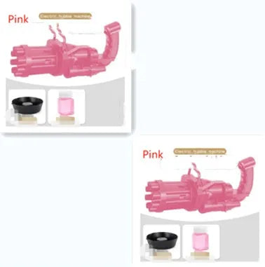 Kids bubble machine gun toy in pink, gold, or black colours with trigger and removable bubblehead.