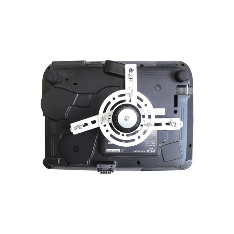 Electric ceiling-mounted projector lifting hanger with remote control on a thin metal chassis.