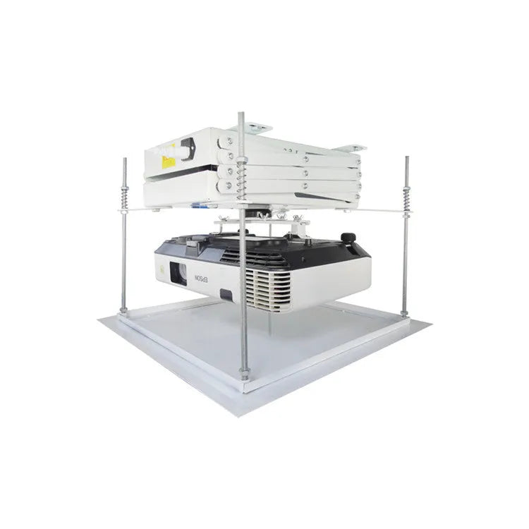 Electric ceiling-mounted projector lifting hanger with remote control on a thin metal chassis.