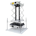 Electric ceiling-mounted projector lifting hanger with remote control on a thin metal chassis.