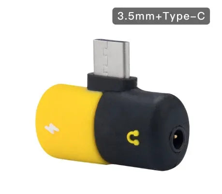 Blue and yellow charging audio adapter for Huawei and Honor phones with 3.5mm jack
