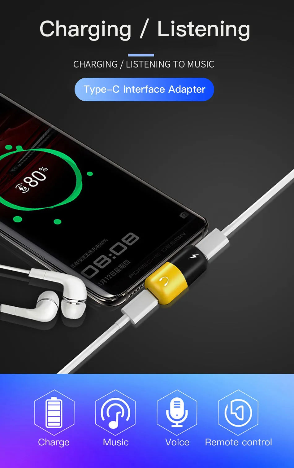 Blue and yellow charging audio adapter for Huawei and Honor phones with 3.5mm jack