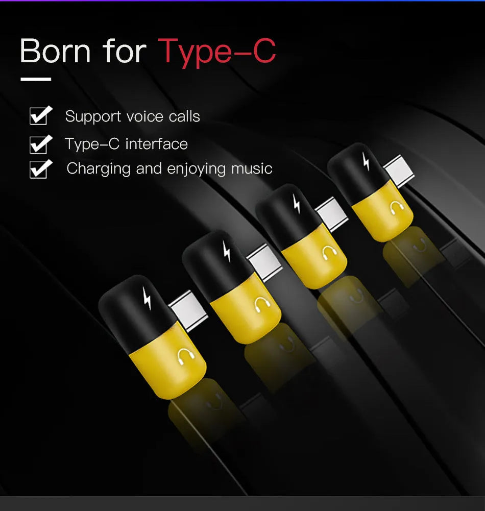 Blue and yellow charging audio adapter for Huawei and Honor phones with 3.5mm jack