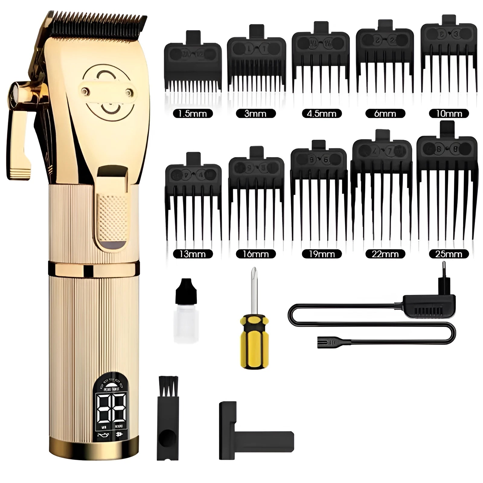 Gold cordless hair clipper with UK plug for barbering and home use