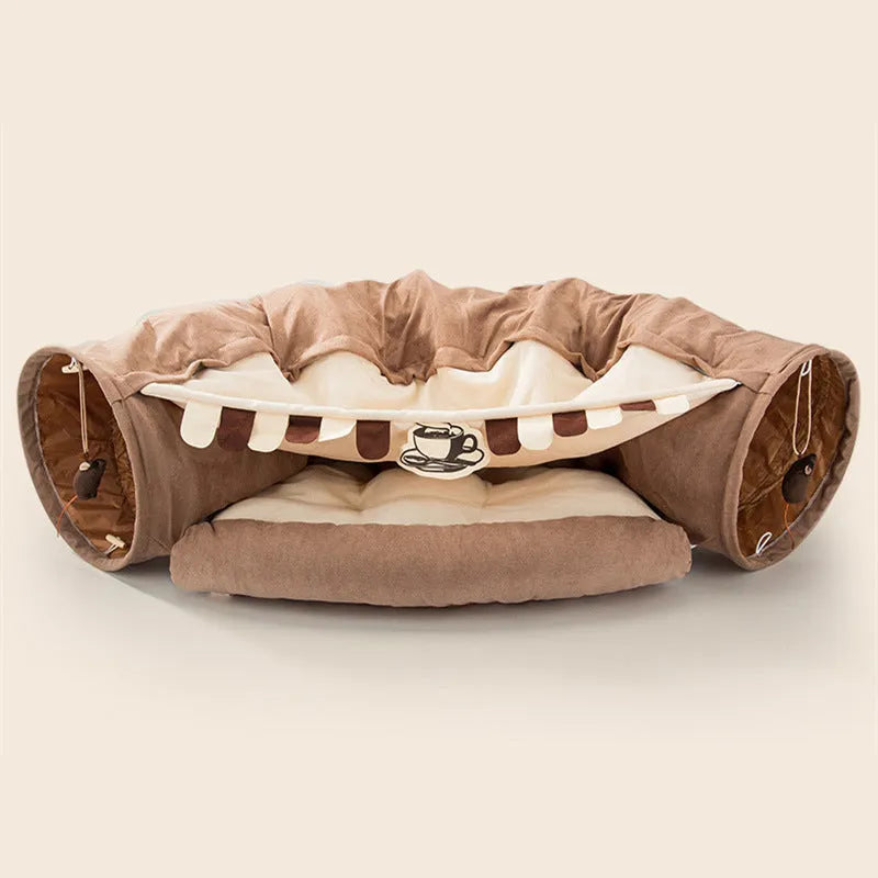 Collapsible cloth cat tunnel in a choice of colours, shown with dimensions 45cm by 50cm by 22cm.